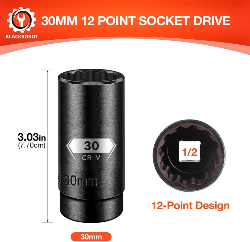 BLACKROBOT 30 mm 12-Point Deep Impact Socket, 1/2 Inch Drive, Metric, Cr-V Steel With Black Manganese Phosphate Coating - Image 2